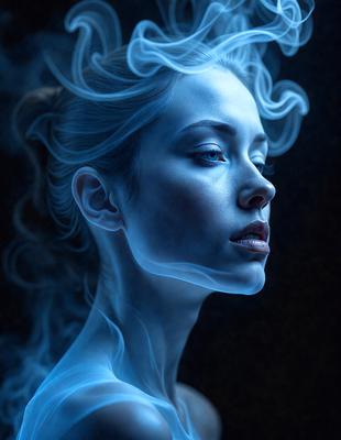 The primary subject of the image is a woman with long hair, who appears to be a digital art or illustration. She is looking at the camera with a blue glow surrounding her, giving her a mysterious and ethereal appearance. The setting is a dark background, which further emphasizes the woman's glowing presence. The visual style is a combination of digital art and illustration, creating a unique and captivating image. The colors and mood convey a sense of mystery and intrigue, as the woman's blue glow and the dark background create a striking contrast.